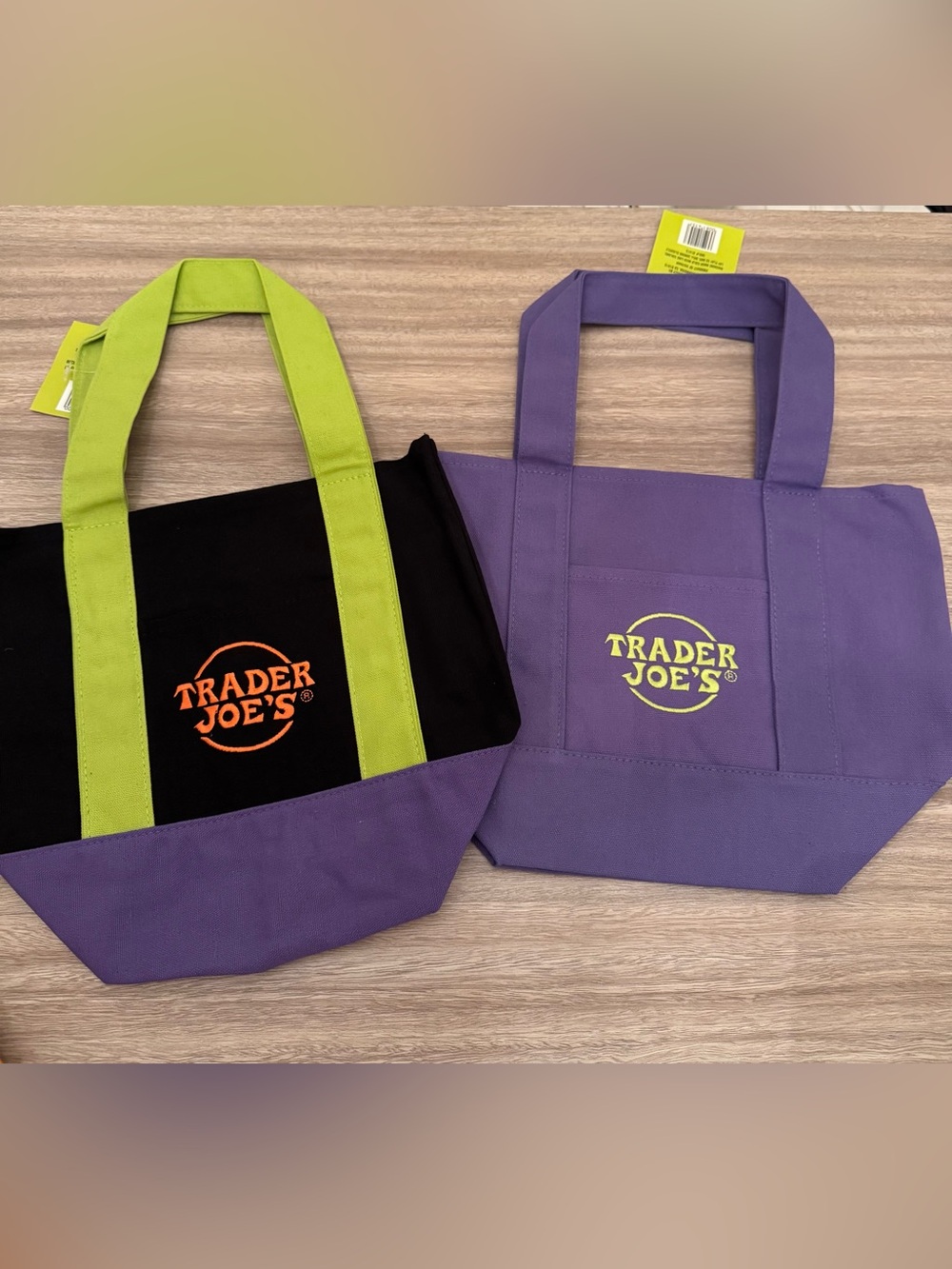 Trader Joe’s Canvas Tote Reusable Bag – Purple & Black with Lime Handle